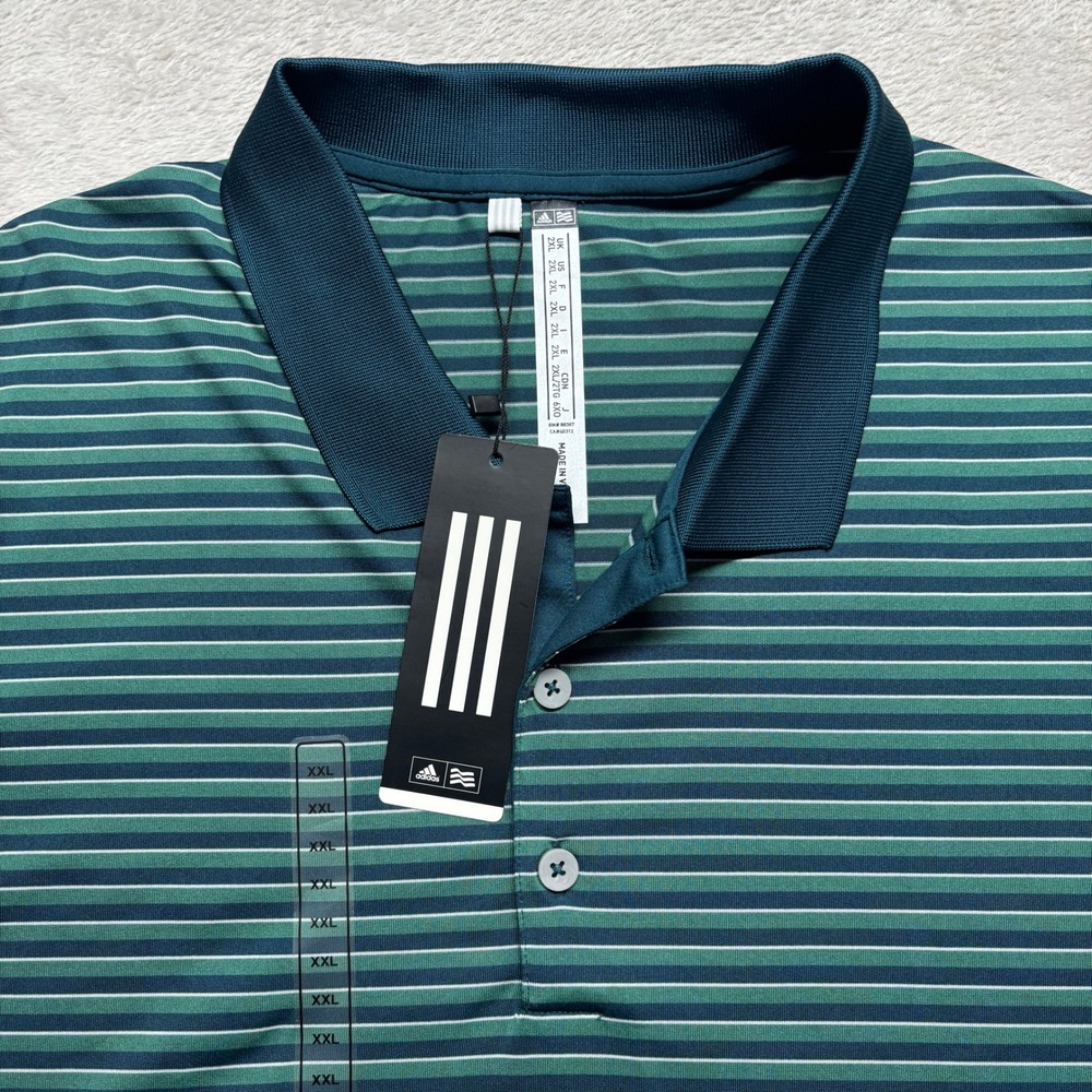 NWT NEW Adidas Golf Mens 2XL Tournament Polo Shirt Green Striped Performance